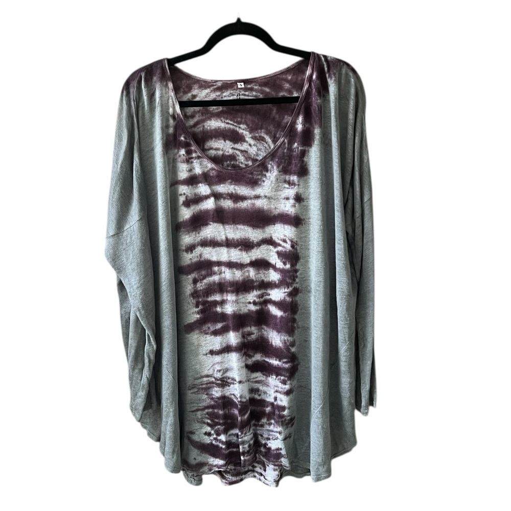 Pete & Greta 100% Linen Scoop Neck Tie Dye Tunic Top Long Sleeve Gray Purple